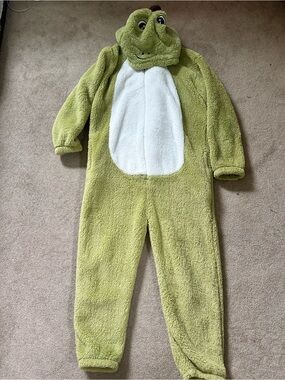 Amazon Green Frog Plush Hooded Fleece Jumpsuit with White Belly